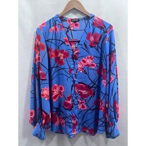 Express Womens XL Blue Red Floral V-Neck Button Front Long Sleeve Blouse‎ Top